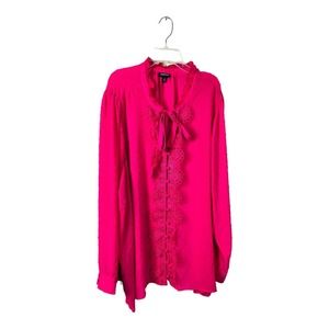 Torrid Womens Chiffon Clip Dot Long Sleeve Ruffle Neck Tie Front Top Pink Size 4